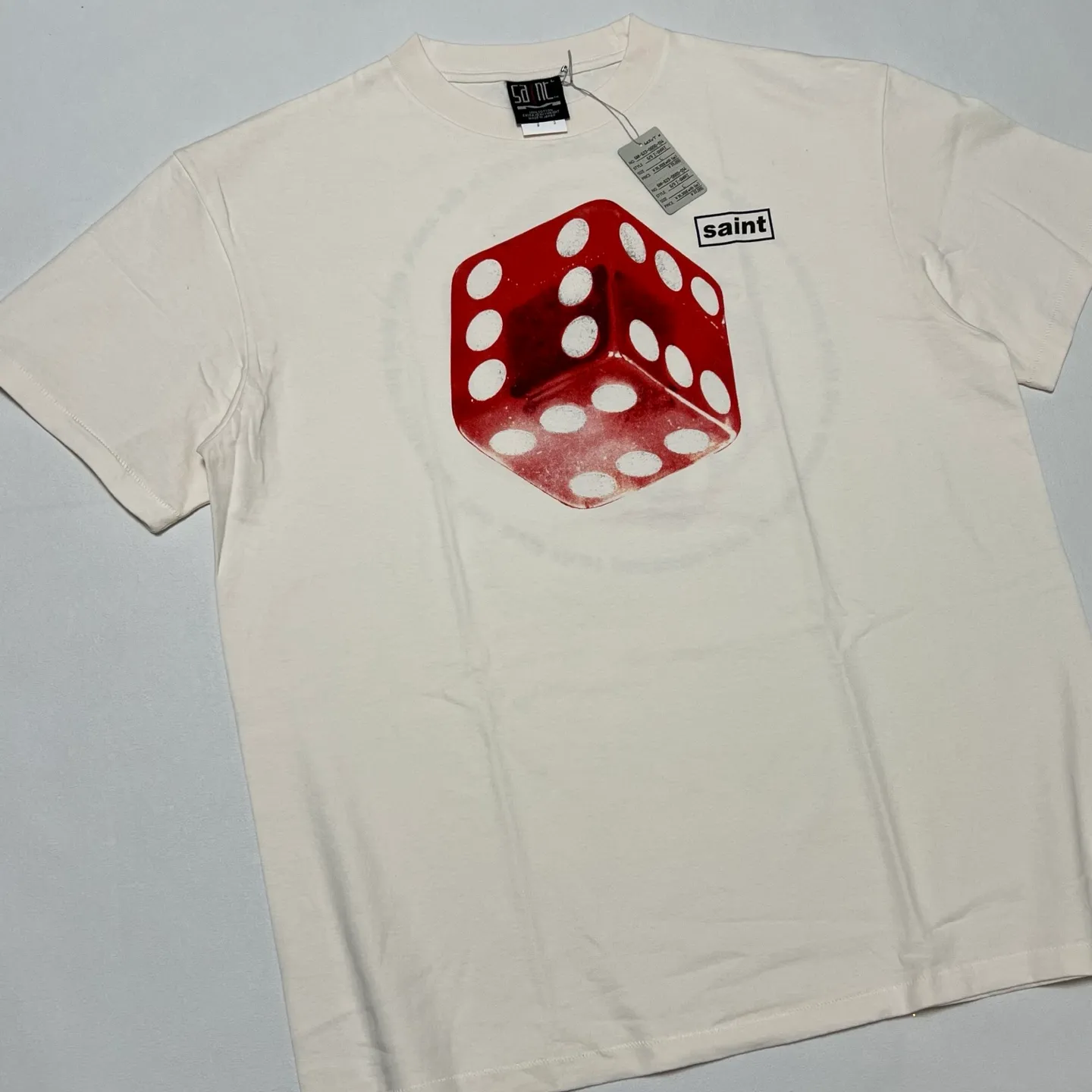 SAINT Mxxxxxx CIRCLE TEE/WHT SAINT dice printed washed short sleeves off-white S-XL cylindrical side seam fabric high weight cylindrical woven tee original development highly restored printing VINTAGE black label/wash label code correct/tag code correct Invincible details Top purchasing level